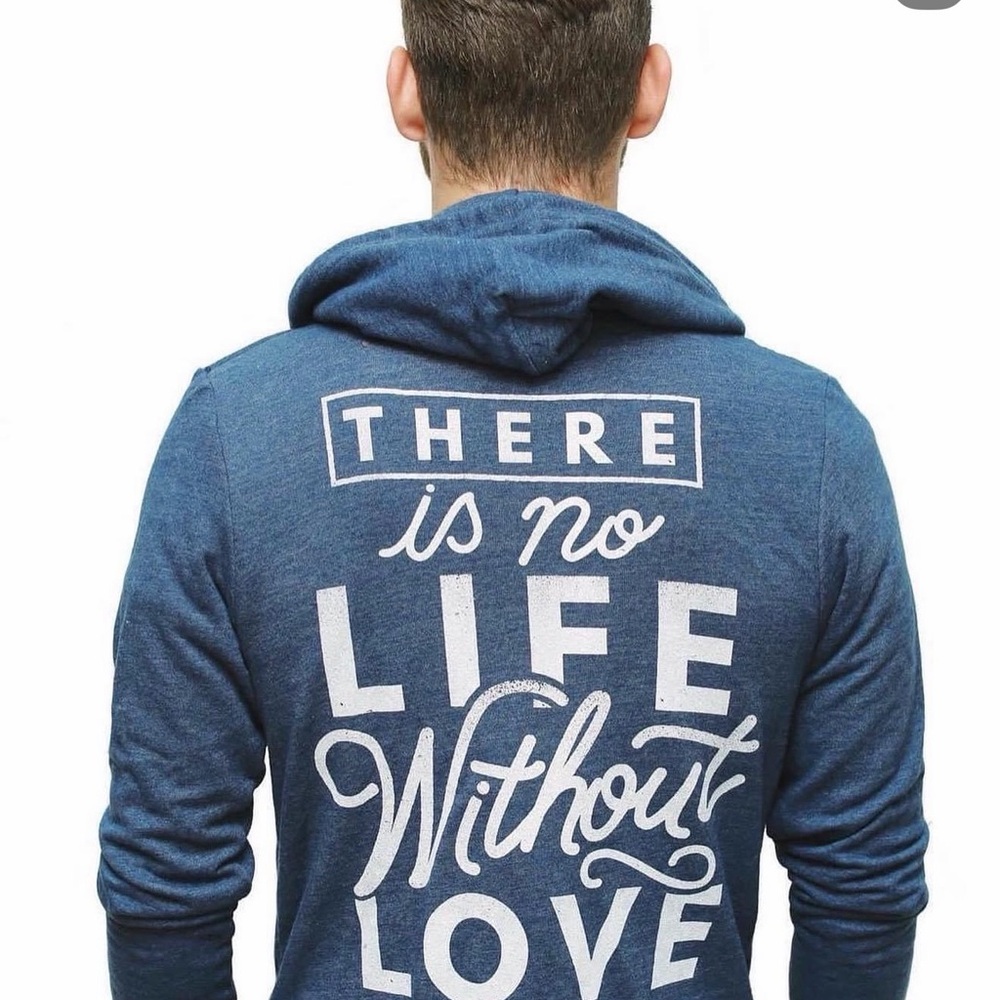 American Apparel Blue Hooded Graphic Sweatshirt with White Typography